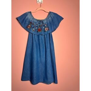 Reflection Womens Blue Chambray Denim Floral Embroidered Off Shoulder Mini Dress